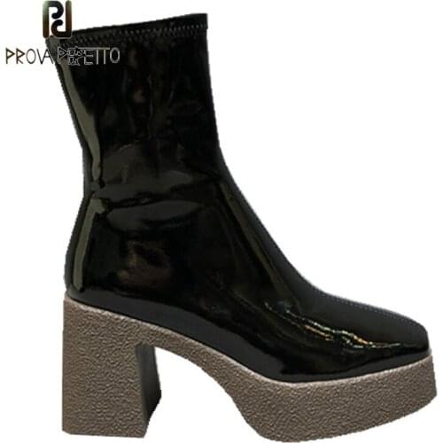 Autumn New Thick-heel Platform Patent Leather Short Boots Square Toe Thick-soled High-heeled Plus Velvet Mid-tube Boots