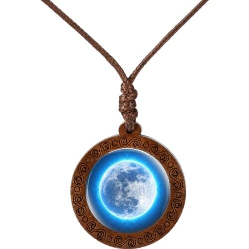 New Style Galaxy Nebula Necklaces Space Earth Glass Cabochon Wood Pendant Necklace Jewelry for Women Men Best Friend Gift
