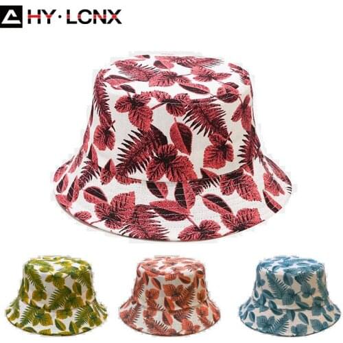 Summer New Style Women Leaf Pattern Printing Sun Bucket Hat Men Fashion Outdoor Cotton Breathable Big Brim Fisherman Hat