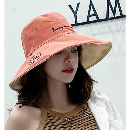 Summer Bucket Hats Women Double Sided Cotton Sun Hat Lady Large Visor Beach Hat Smile Pattern Panama Cap Foldable Outdoor Sunhat
