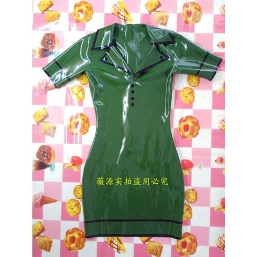 Sexy Women Short Sleeve Green Latex Tight Dress Rubber Fetish Slim with Back Zipper