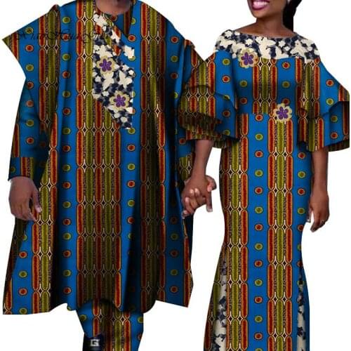 African Couple Dress Bazin Shirt and Pants Men 3 Pieces Sets Women Long African Dress Couples Lover African Clothes WYQ434