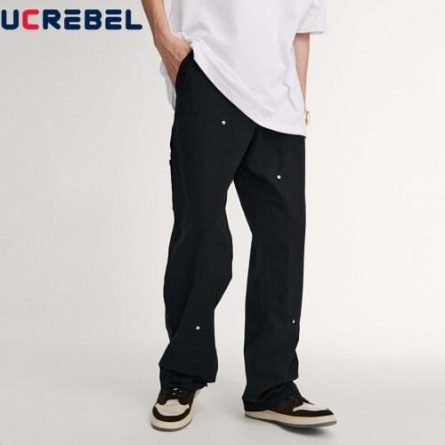 Patchwork Casual Pants Mens Solid Color Loose Straight-leg Pants Streetwear Canvas Pants Trousers Men