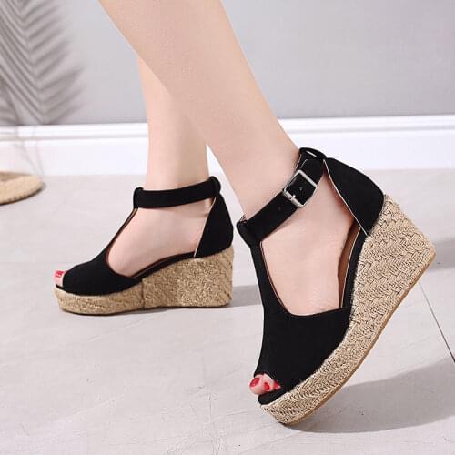 Womens sandals 2019 new female straw wedges fish mouth sandals thick bottom sponge cake waterproof platform Roman womens shoes