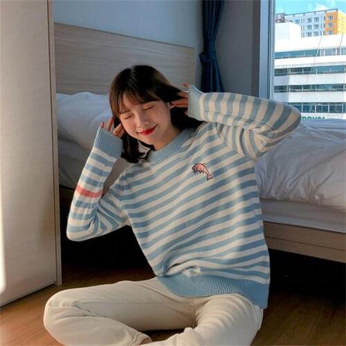 Womens Sweaters Japanese Kawaii Ulzzang College Wind Cute Cartoon Dolphin Sweater Female Korean Harajuku Clothing For Women