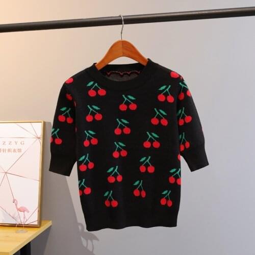 Women 2020 Autumn Fashion Red Jacquard Cherry Print Sweater Shirt Short Sleeve O Neck Slim Casual Pullover Knitted Tops Jumpers
