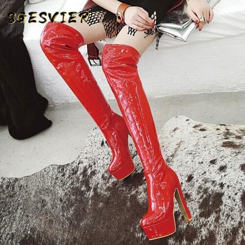 Plus Size 34-48 Sexy Over the Knee Boots Women Fashion High Heels Platform Thigh High Boots Red White Long High Boot Shoes Woman