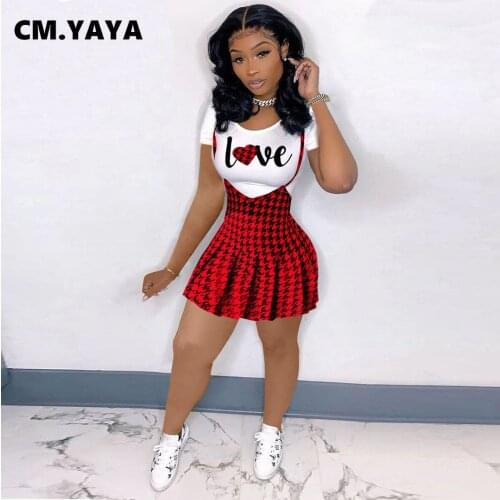CM.YAYA Summer Sweat Womens Set Classic Love T-shirts and Houndstooth Suspender Skirt Matching Two 2 Piece Set Fashion Outfits