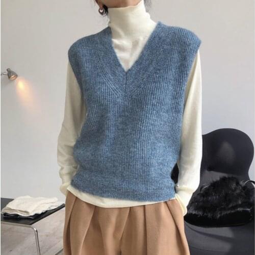 2021 New Women Fashion Solid Color Loose V-neck Sleeveless Office Lady Wool Knitted Vest Top Spring And Autumn X365
