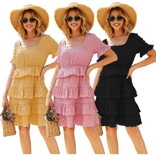 Womens Dress Hot Selling Solid Color Layered Cascading Ruffle Dress