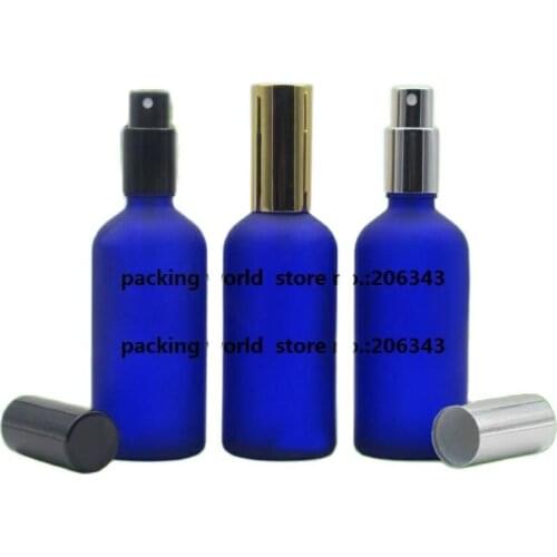 100ml essential oil glass bottle frosted blue with silver/gold/black lotion press pump for cosmetic packaging,glass bottles