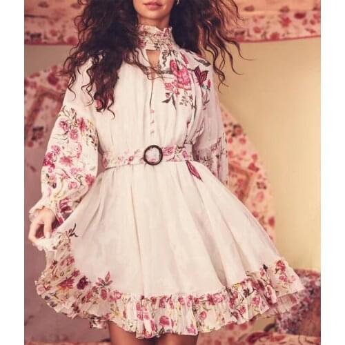 Fashion Designer 2021 Autumn Dresses Women Flower Printed Flare Sleeve Vintage Button with Belt Ladies Dress