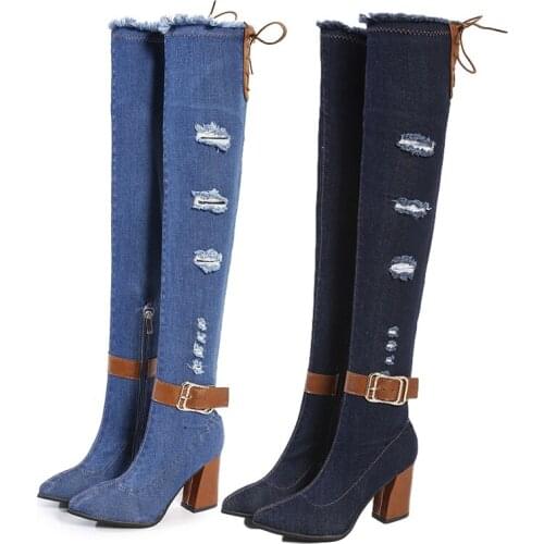 2021 Autumn New Over The Knee Boots for Woman Fashion Denim Stretch Boots Women Super High Heels Female Casual Lady Long Shoes
