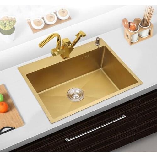 304 Stainless Steel Single Sink Nano Gold Sink Kitchen Sink Household Dishwashing Sink Outside Size with Gold Pull Out Faucet