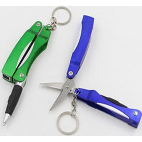 50pcs/lots Mini Keychain Led flashlight Scissors cutter with ballpoint pen Protable Keyring Key chain torch ballpen pens