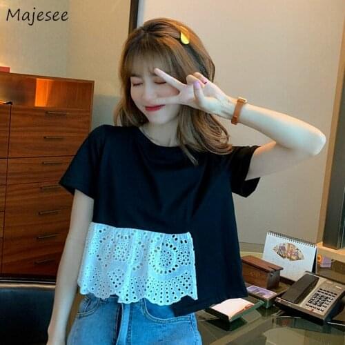 T-shirts Women Lovely Crop Top Solid Color Sweet Female Simple Hollow Out O-neck Ulzzang Summer Comfortable Girls Tee Japanese