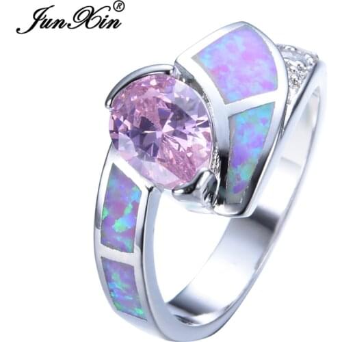 JUNXIN New Romantic Pink Female Opal Ring White Gold Filled Fashion Jewelry Promise Engagement Rings Mothers Day Gifts RP0041