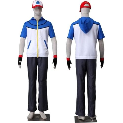 Quality Pokemon Ash Ketchum Cosplay Costume (Hoodies + Pants + Gloves + Hat) Ash Ketchum Halloween Costumes