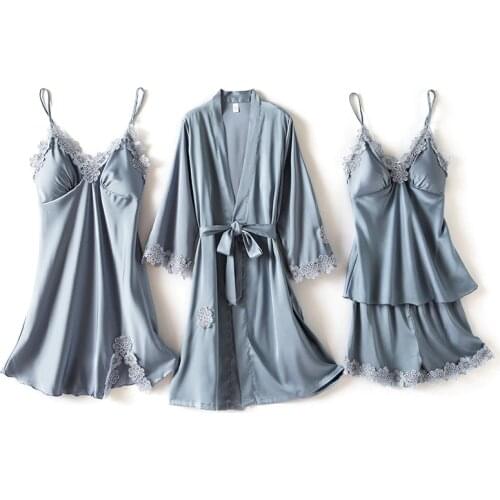 KISBINI Summer Women Sexy Nightdress Robe Set 4PC Sling Nightgown Night-Robe Top Shorts Ice Silk Lace Solid Female Sleepwear