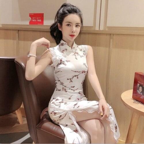 Chinese Traditional Dress Summer Dress Skirt Retro Improved High Split Design Without Sleeve Length Sexy Qipao Dress