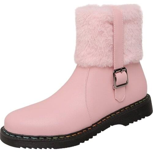 Round Toe Flat Heel Short Boots New Autumn And Winter Style Side Zipper Belt Buckle Ankle Boots Comfortable Fluffy Pink Shoes