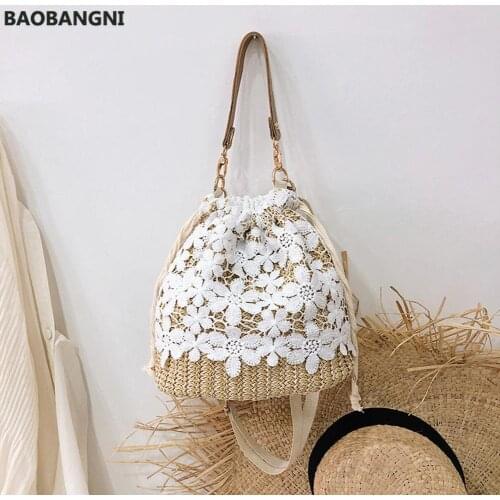 Flower Lace Straw Bags For Women Handmade Rattan Bucket Shoulder Bags Female Handbags Ladies Summer Beach Crossbody
