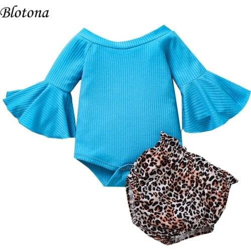 Blotona Infant Baby Summer 2Pcs Outfits, Toddler Solid Color Off Should Romper Long Flared Sleeve Bodysuit+Leopard Shorts, 0-24M