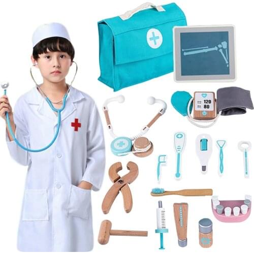 Kids Wooden Doctor Toy Set Simulation Family Doctor Nurse Medical Kit Toy Pretend Play Hospital Medicine Accessorie Children Toy