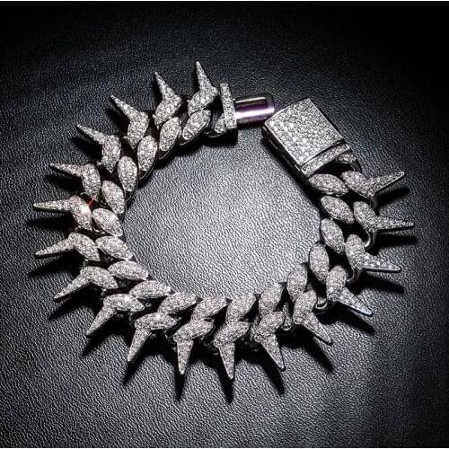 New Fashion HIP Hop Jewelry Punk Claw Setting AAA+ CZ Stone Solid Rivet Spike Thorns Cuban Miami Link Chain Bracelets Bangles