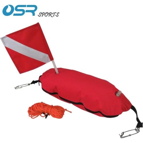 Spearfishing torpedo buoy with flag 25 meters of rope 2 tag hooks with weight pocket on bottom