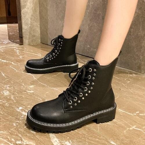 PUPUDA Fashion Winter Women Boots Lace Up Korean Snow Ankle Boots For Women New Black Leather Cowboy Boots For Women