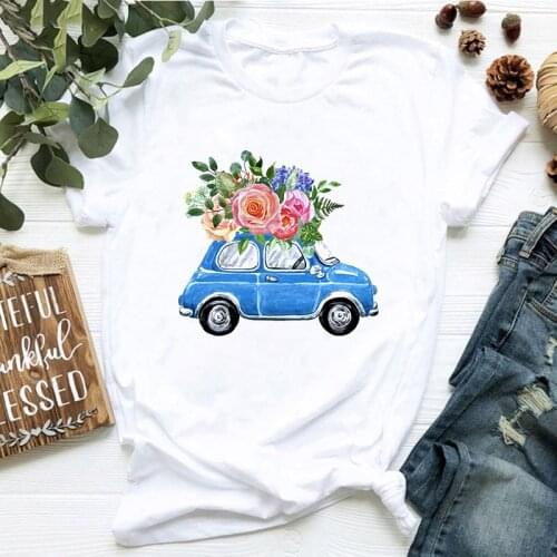 Romantic Vintage Car Flower Streetwear Harajuku T Shirt Cool 90s Short Women' Tshirt Letter Print Summer Vintage Lady Hipster