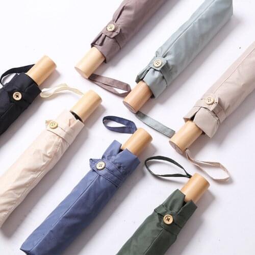 Three Folding Women Umbrella Rain Women Gift Men Wooden Handle Parasol Girls Anti-UV Waterproof Portable Travel UMBRELLAS