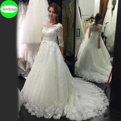 Wedding Dress Boho Vestidos De Novia 3/4 Sleeve Vintage Lace Appliques A Line Boda Bride Gown 2021 Robe Mariage Trouwjurk Button