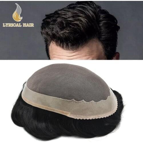 Fine Mono Mens Toupee Poly Coating Around Hair System Black Indian Remy Human Hairpiece Druable PU Human Hair Wigs Replacements