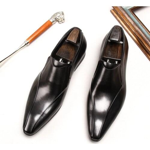 Spring/Autumn Mens Genuine Leather Pointed Toe Slip-On Black/Brown Business Office Wedding For Mens Flats Shoes