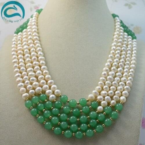 Unique Pearls jewellery Store Classic 5row top quality white freshwater pearl green jade necklace AA7-8MM Fashion Ladys Jewelry