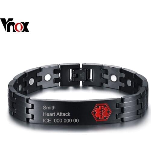 Vnox Free Engraving Medical Alert ID Bracelet for Men Bangle Health Care Energy Stainless Steel Male Jewelry