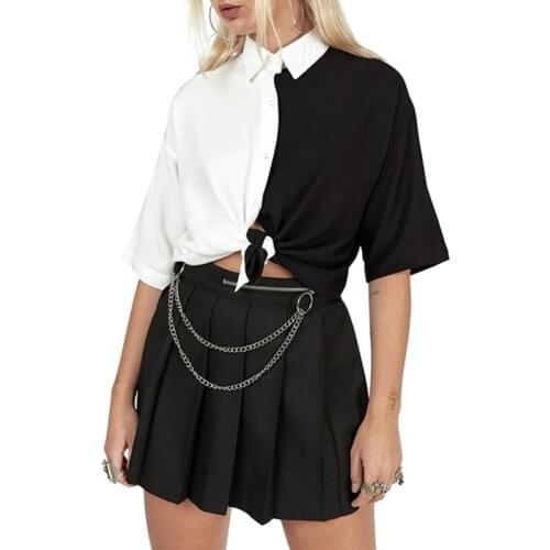 Women Short Sleeve Lapel Button T-Shirt Contrast Color Tie Knot Crop Top Blouse