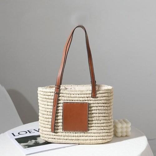 Women Beach Woven Straw Handbag with Adjustable Faux Leather Handle Large Single Shoulder Tote Bag Drawstring Basket