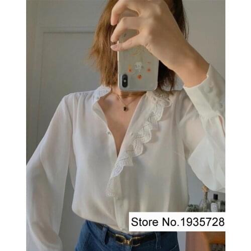 Ladies Silk 100% Hollow Out Embroidery Patchwork Long Sleeve Blouse Shirt Top