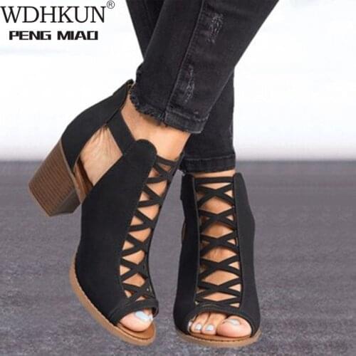 2020 Women Square Heel Sandals Peep Toe Hollow Out Chunky Gladiator Sandals with Strap Black Spring Summer Shoes HVT791