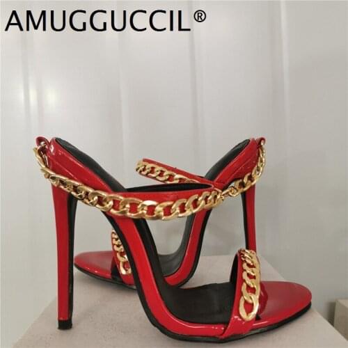 Customize 2020 New Plus Big Size 35-52 Red Chain Fashion Sexy High Heel Female Lady outside Women Summer Sandals Slippers L1173
