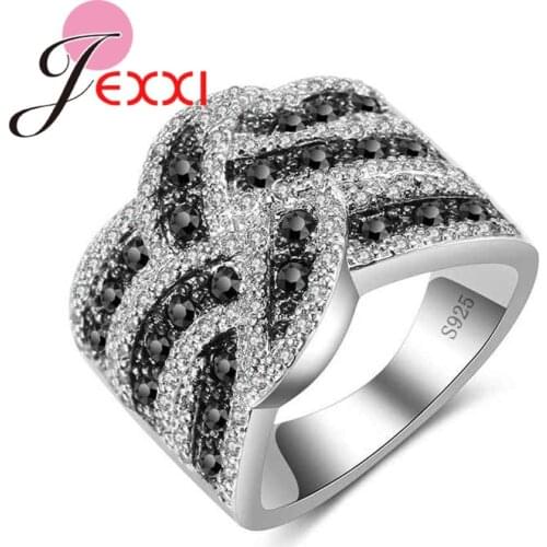 925 Sterling Silver Wedding Rings For Women Fashion Handmade Black&Clear Cubic Zirconia Crystal Wide Rings Bague Bijoux