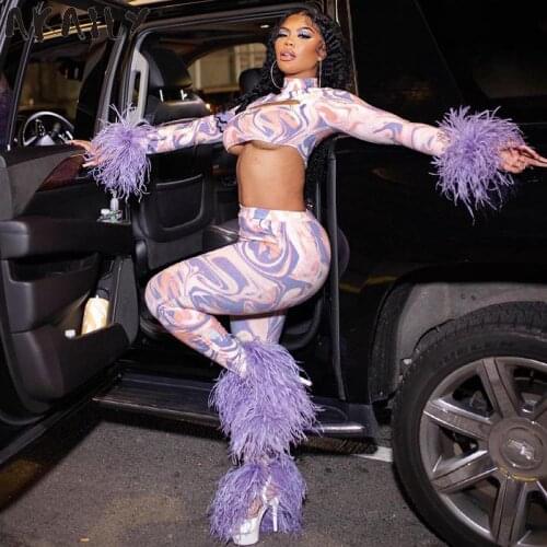 Akaily Autumn Streetwear Print Bodycon 2 Two Piece Sets Women Outfits 2021 Turtleneck Hollow Out Crop Top Long Pants Sets Female