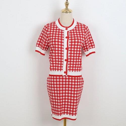 Runway Brand New Summer Womens Red Plaid Short-Sleeved O-Neck Knitted Top and Mini Skirt Two-Piece Set Casual Sweet Clothing