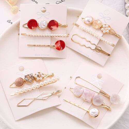 1set Sweet Crystal Hairpins Geometric Side hair Clamps Girls Women Korean Fashion Pearl Hairclips Hair Styling Accessories