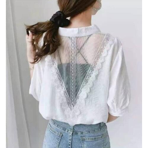 2021 Spring Summer Patchwork Lace Mesh Blouse Women Sexy V Neck Hollow Out Women Shirt Blusa Elegant Short Sleeve Tops Shirts