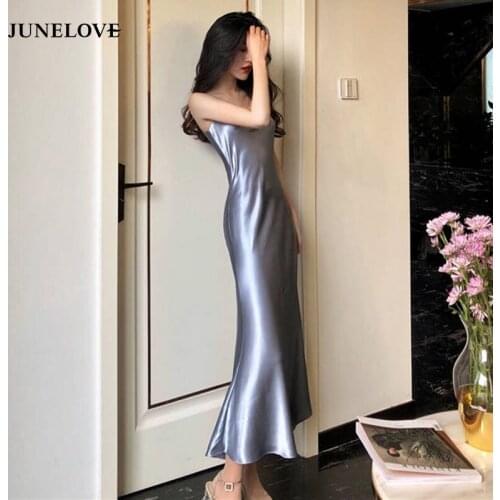 JuneLove spring summer women spaghetti strap dress lady high waist Satin trumpet long dress female v-neck sexy party Vestidos