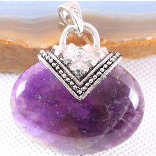 Women Jewelry Gift Natural Stone 40MM Cabochon Oval Bead Purple Quartz Crystal Pendant for Necklace 1Pcs K1135